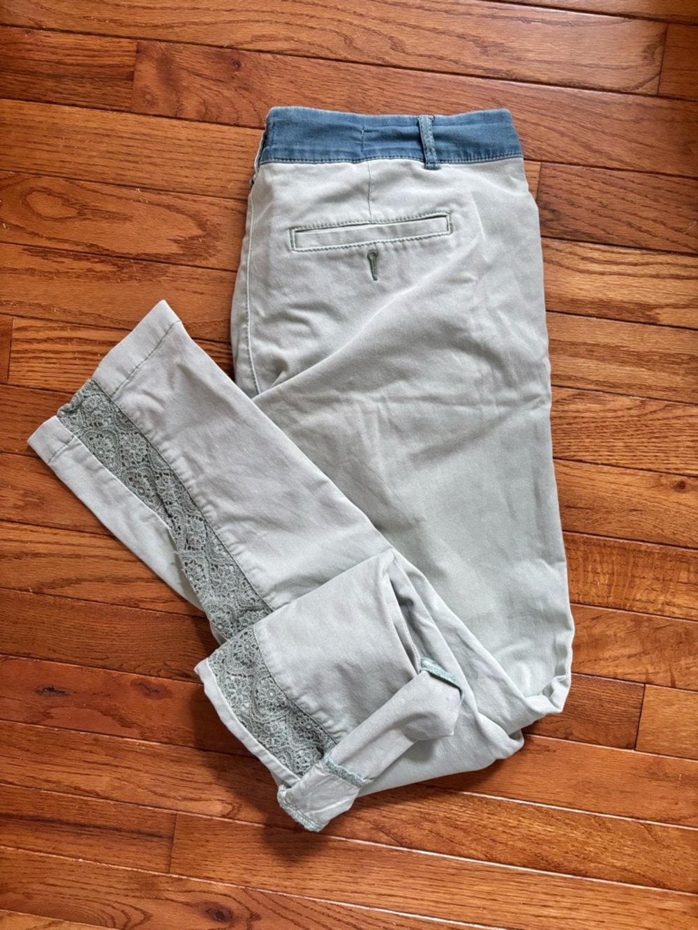 Anthropologie Sage Chinos with Blue Waistband and Lace Cuff